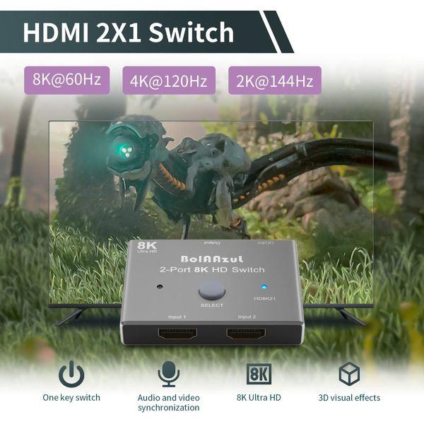 8K HDMI 2.1 Switch Splitter 2 in 1 Out, BolAAzuL HDMI 2.1 Switcher Adapter -Silver- 8K@60Hz 4K@120Hz 48Gbps 2 Way HDMI a/b Switch 2 Input 1 Output for X-Box PS5 PS4 Blue-ray Player Projectors Monitors 1