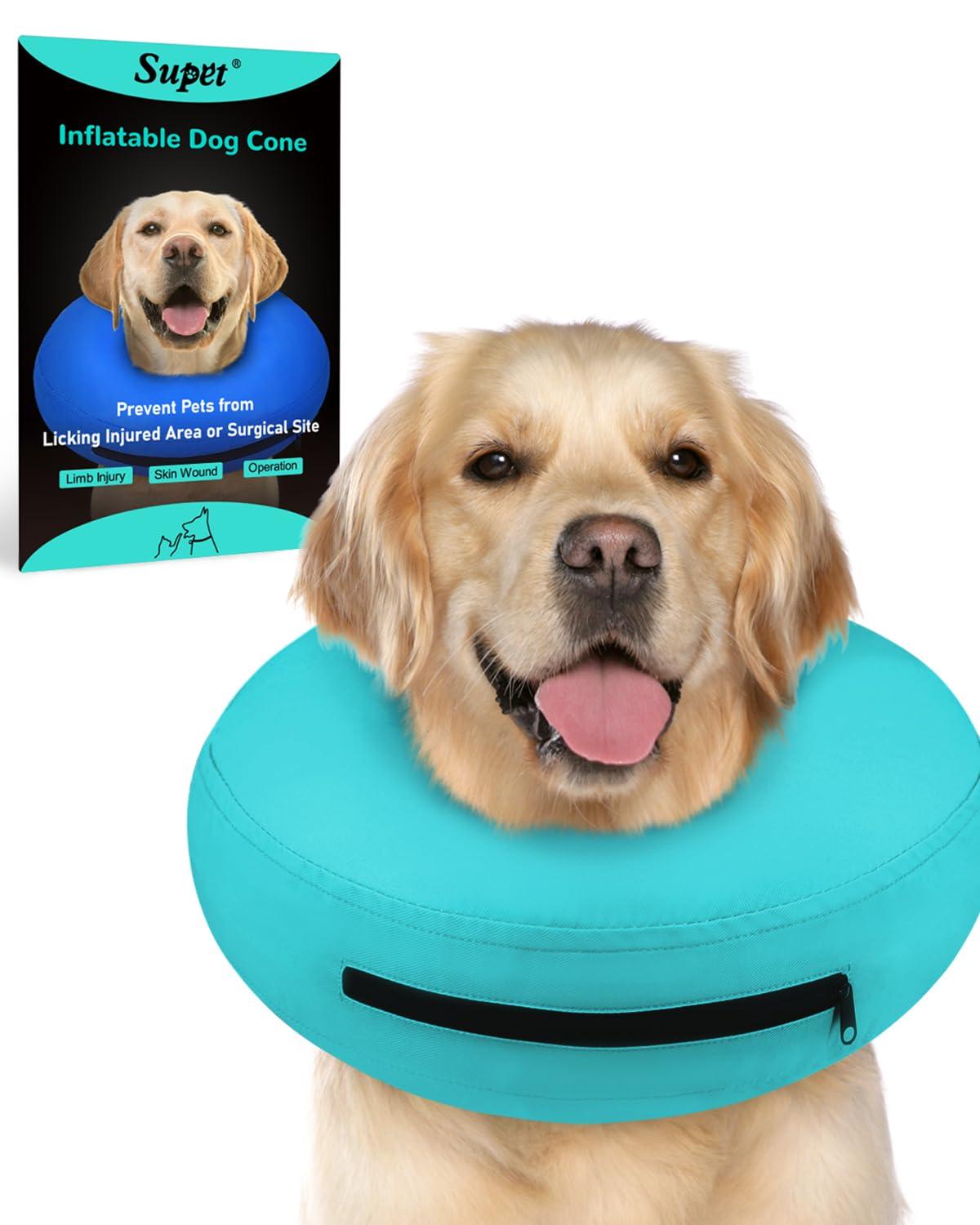 Supet Dog Cones After Surgery, Protective Inflatable Dog Collar Pet Recovery Collar Soft Pet Cone for Small Medium or Large Dogs and Cats Anti-Bite Lick Wound Healing Green L