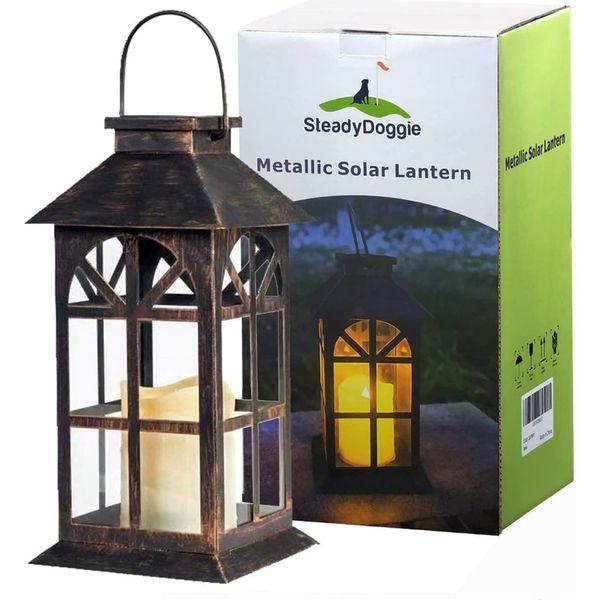 Solar Garden Lantern with Classic Bronze Antique Metal and Glass Construction - Indoor or Outdoor Solar Hanging Lantern or Tabletop - Solar Powered Lantern with LED Flickering Candle