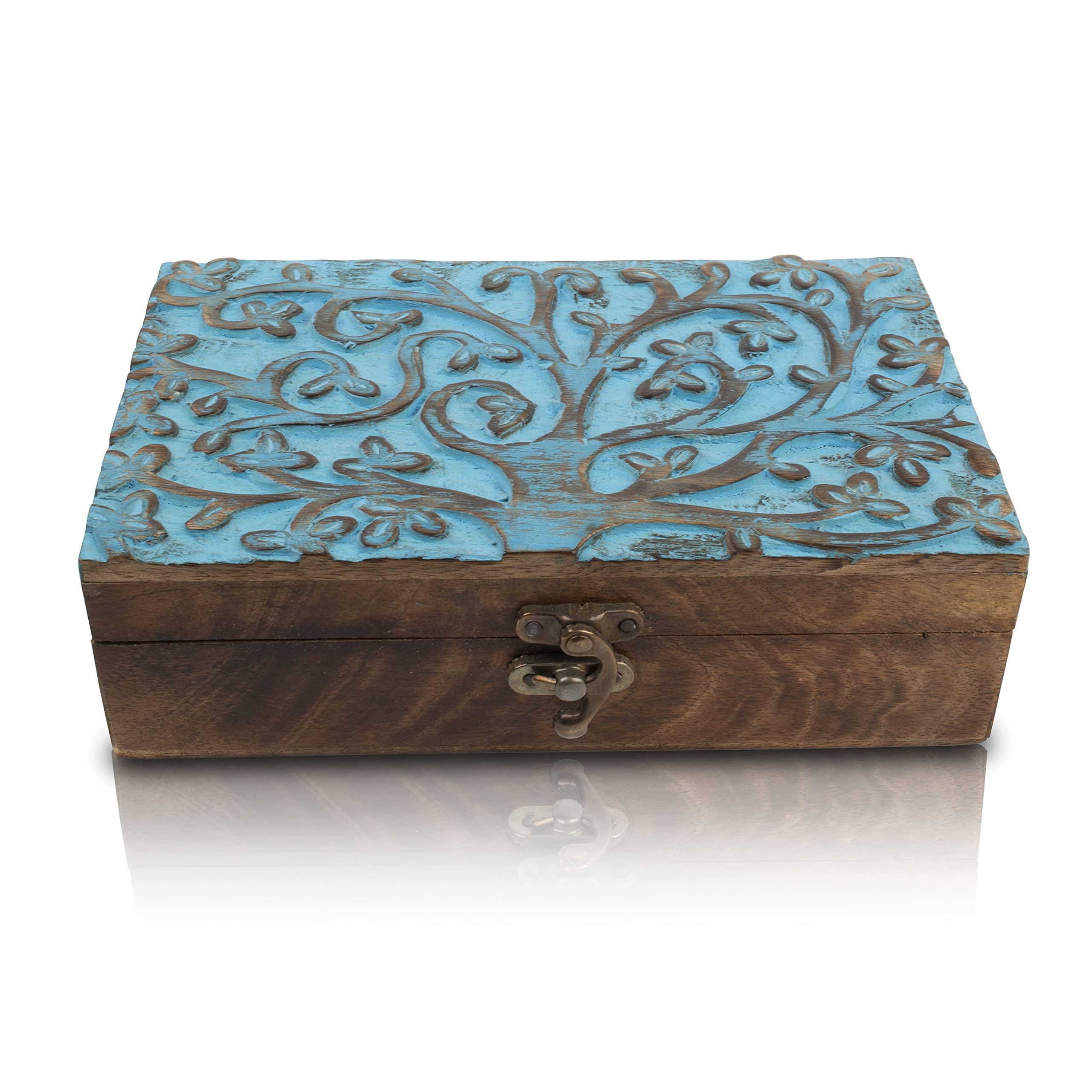 Great Birthday Gift Handmade Decorative Wooden Jewellery Box With Tree Of Life Carving Jewellery Organizer Keepsake Box Treasure Chest Trinket Holder Watch Box Storage Box Housewarming Gifts 0