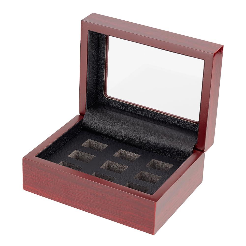OLYCRAFT Dark Red Ring Display Case Championship 16x12x7.1cm 9-Slot Wooden Championship Rings Display Case Sports Baseball Ring Display Box with Clear Window for Sports Fan Souvenirs