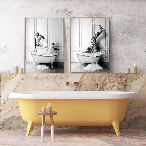 GHJKL Black White Animal Picture, Animal In The Bathtub Wall Art Prints Funny Bathroom Pictures Canvas Poster Home Decor - Without Frame (40 x 60 cm x 4 Pieces, Cute Animals)… 1