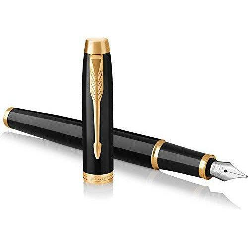Parker IM Fountain Pen | Black Lacquer with Gold Trim | Medium Nib with Blue Ink Refill | Gift Box 0