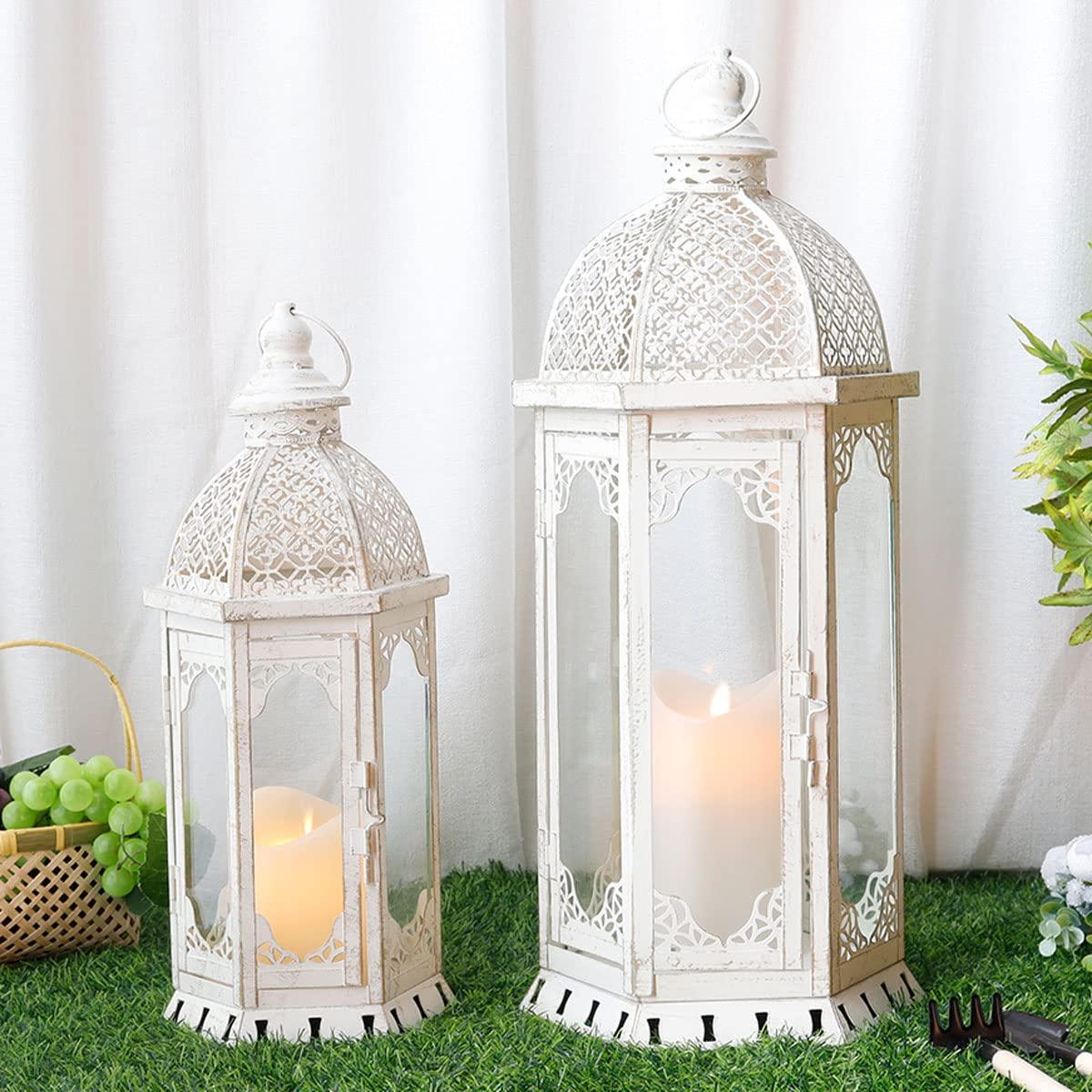 NEWIMAGE Set of 2 Decorative Candle Lantern 50cm & 38cm High Outdoor Candle Lanterns Vintage Metal Candle Holder for Garden Living Room Indoor Outdoor Parties Weddings Patio Home Decor (White) 4