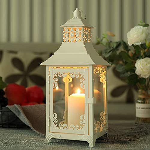 JHY DESIGN Decorative candle Lanterns 37.5 cm High Vintage Style Hanging Lantern, Metal Candleholder for Indoor Outdoor Events Parities and Weddings Valentine's Day Gift(White) 1