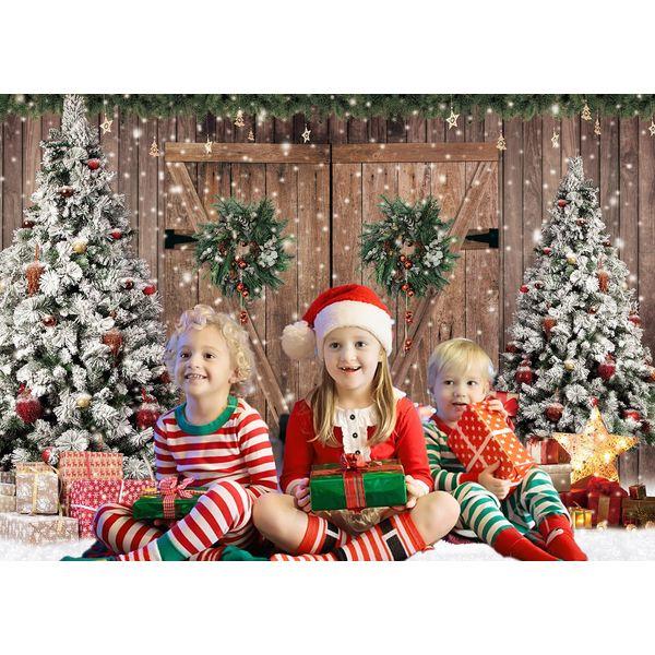 INRUI Christmas Wooden Door Pine Trees Photography Background Glitter Winter Chrisrmas Gift Boxes Family Holiday Party Decoration Backdrop (8x6FT) 1