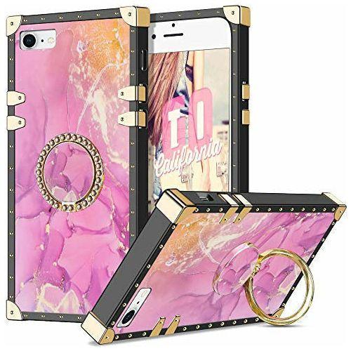 Coolden for iPhone SE 2020 Case iPhone 7 Case with Ring Kickstand Shockproof Square Case for Girls Metal Decoration Back Soft TPU Protective Phone Case Cover for iPhone 7/8/SE 2020 (Marble Pink) 0