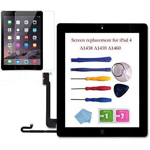 NewHail for iPad 4 Glass Touch Screen Digitizer Replacement Kit Black A1458, A1459, A1460 with Home Button Flex, Adhesive Tape, Midframe Bezel, Screen Protector, Instruction Manual and Repair Toolkit 0