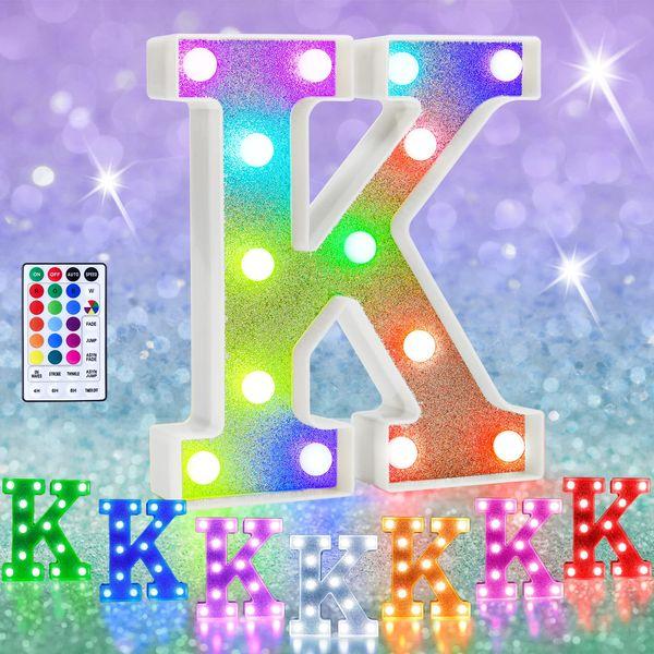 Colorful LED Marquee Letter Lights, RGB Shiny LED Letters with Remote, Glitter Light Up Letters Marquee Signs Battery Powered, Christmas Birthday Home Wedding Party Decoration, Letter K 0
