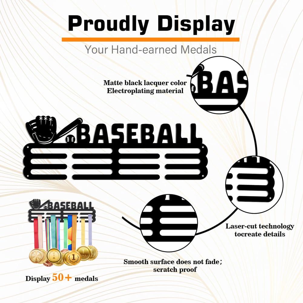 NBEADS Baseball Medal Holder, Medal Display Hanger Rack Black Sturdy Iron Metal Wall Mounted for over 60 Medals Sports Medal Hanger and Ribbon Display Holder Rack with Easy Hanging Bars 3