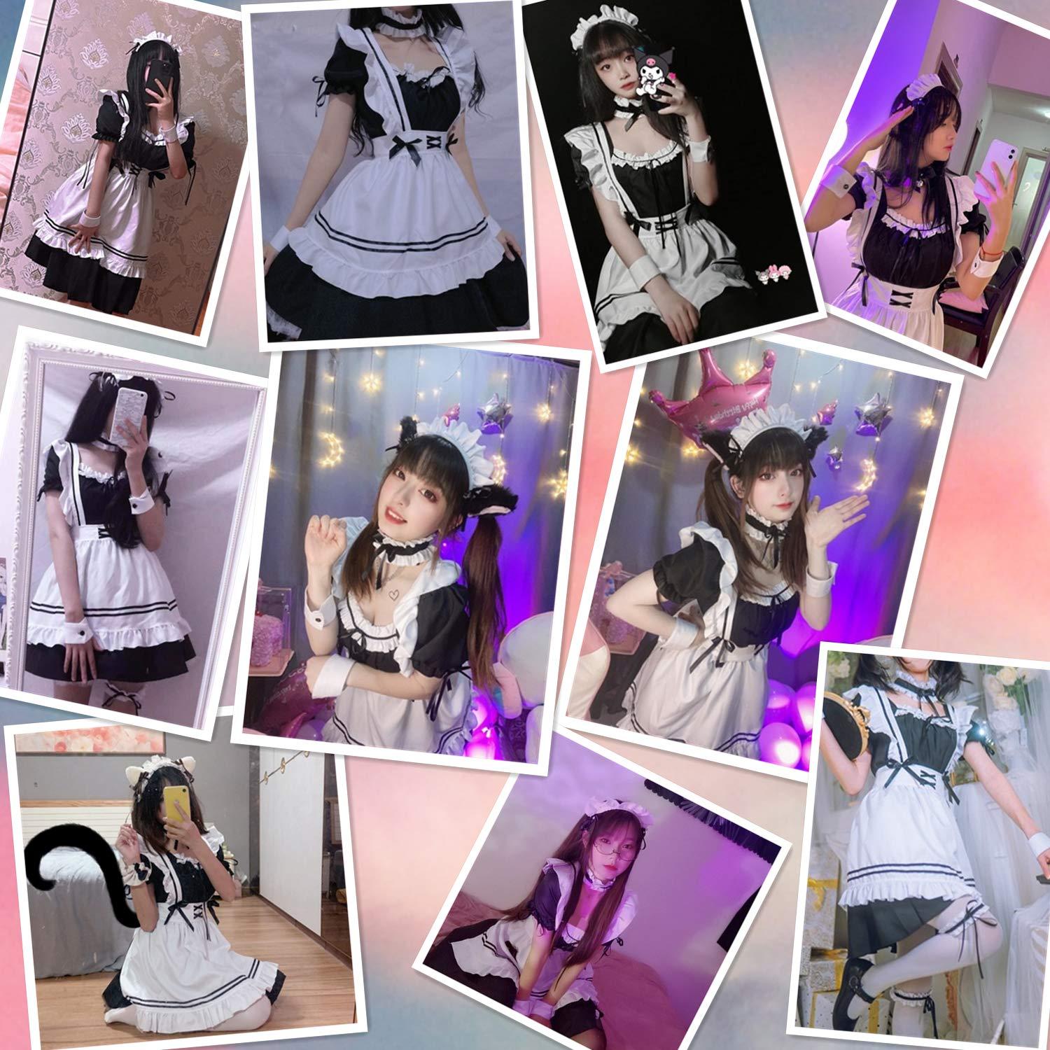 Anime French Maid Lolita Fancy Queen Princess Dress Cosplay Costume Furry Cat Ear Gloves Socks set（PinkL） 1