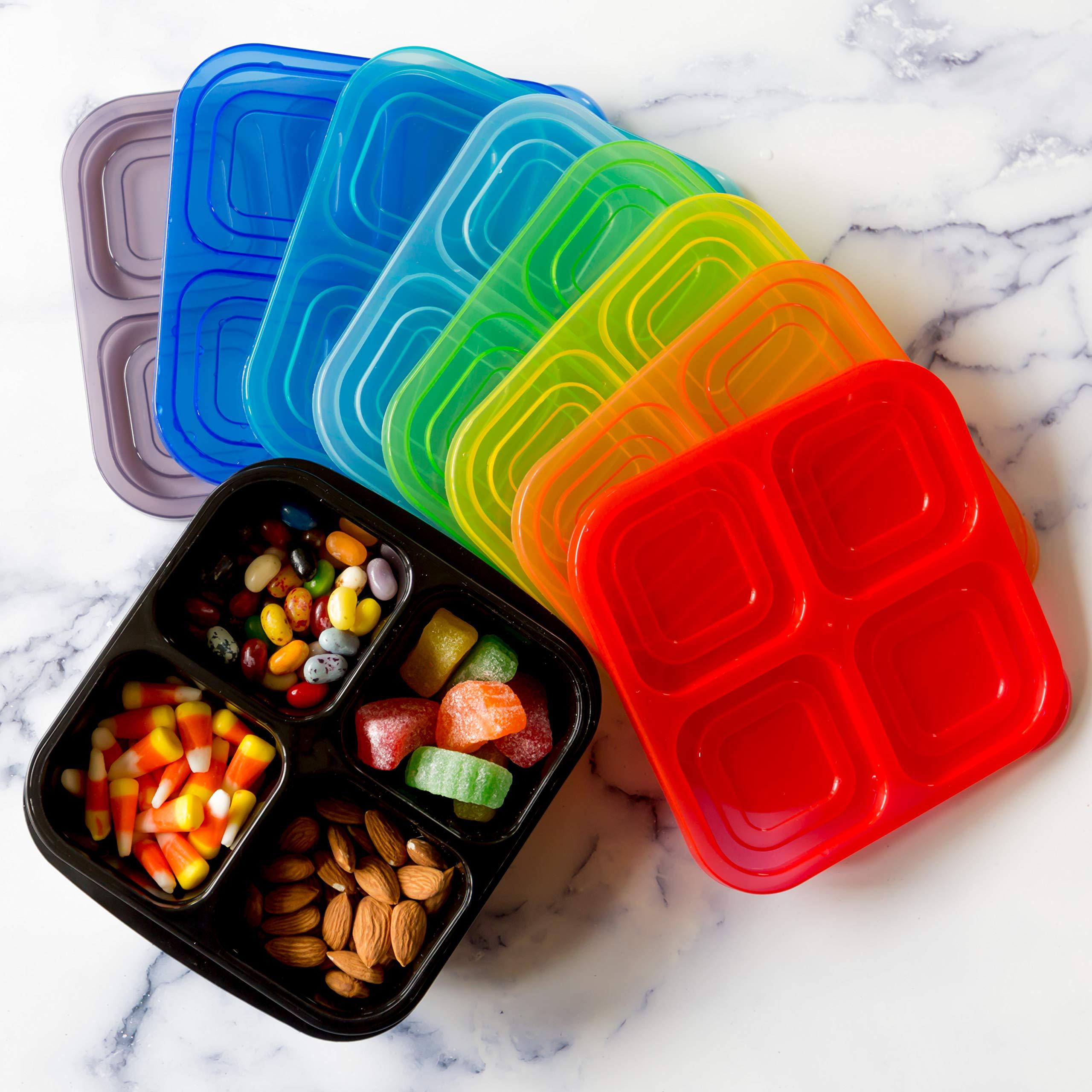 Youngever 8 Pack 4-Compartment Re-usable Snack Box Food Containers, Bento Lunch Box, Meal Prep Containers, Divided Food Storage Containers, in 8 Assorted Color 1