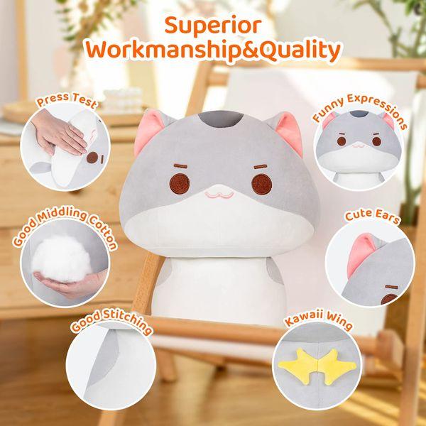 Mewaii 14'' Soft Cat Mushroom Stuffed Animal Plush Pillow Squishy Toy - Gray 2