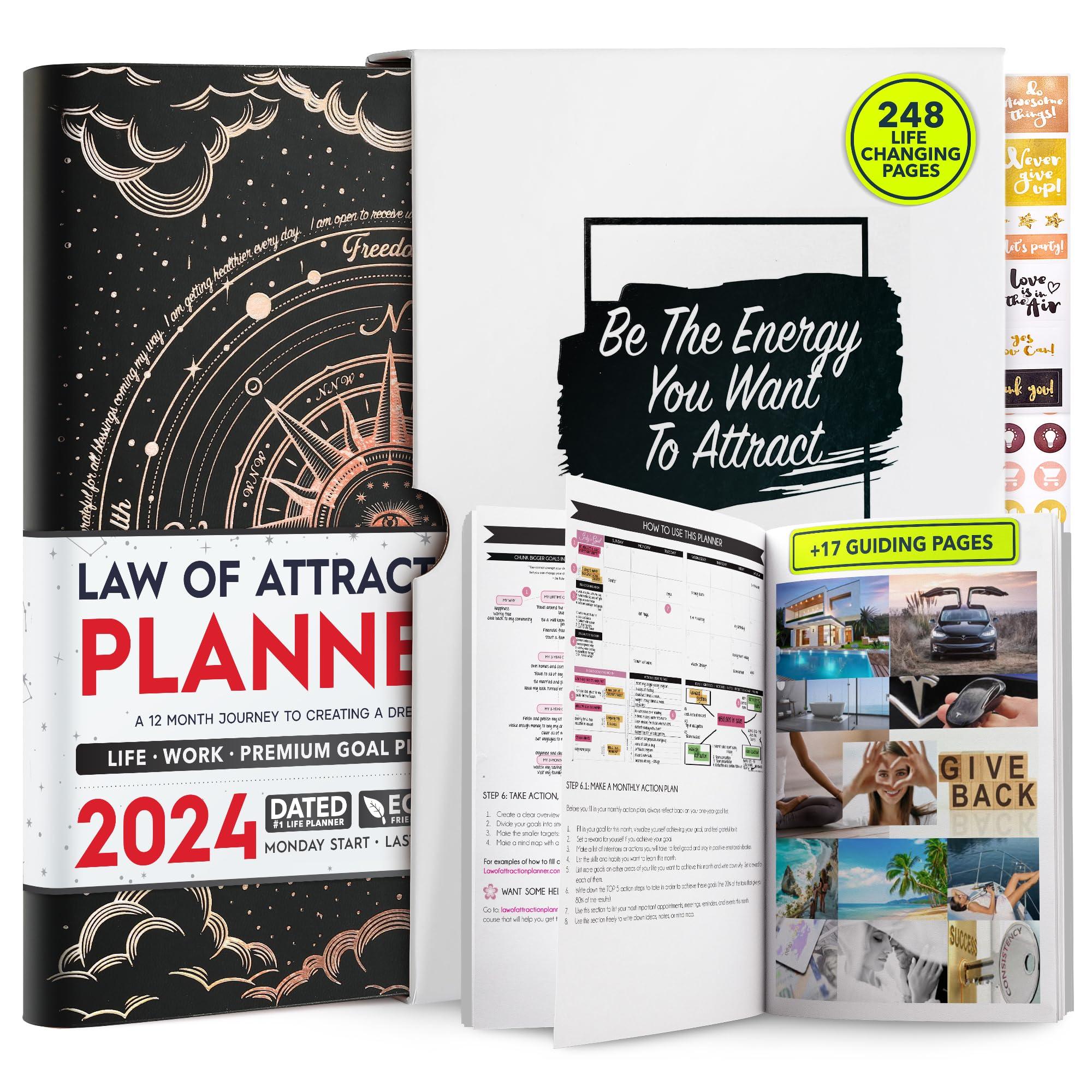 Law of Attraction Planner 2024 - Dated 2024 Planner, Hourly Planner, Daily Planner, Weekly Planner & Monthly Planner, Gratitude Journal, Positive Habit Maker, Vision Board, Stickers & Gift Box