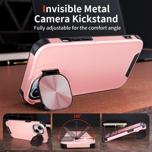 Buysing Magnetic Case for iPhone 14 Case/iPhone 13 Case with Camera Stand [Compatible with MagSafe] Invisible Metal Kickstand Military Grade Hard Matte Shockproof Phone Case 6.1"-Pink 2