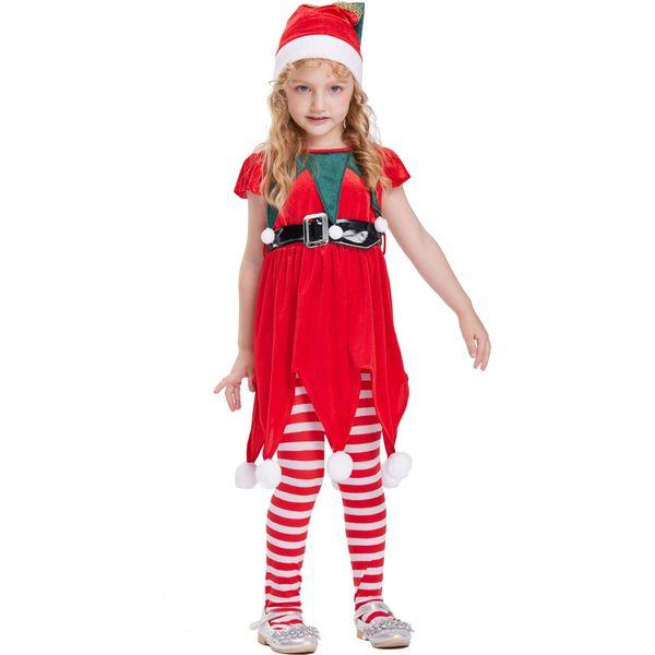 IKALI Christmas Elf Costume Girls Santa Claus Helper Suit Kids Fancy Dress Up Outfit with Long Stockings Xmas Hat 3-4Y 2