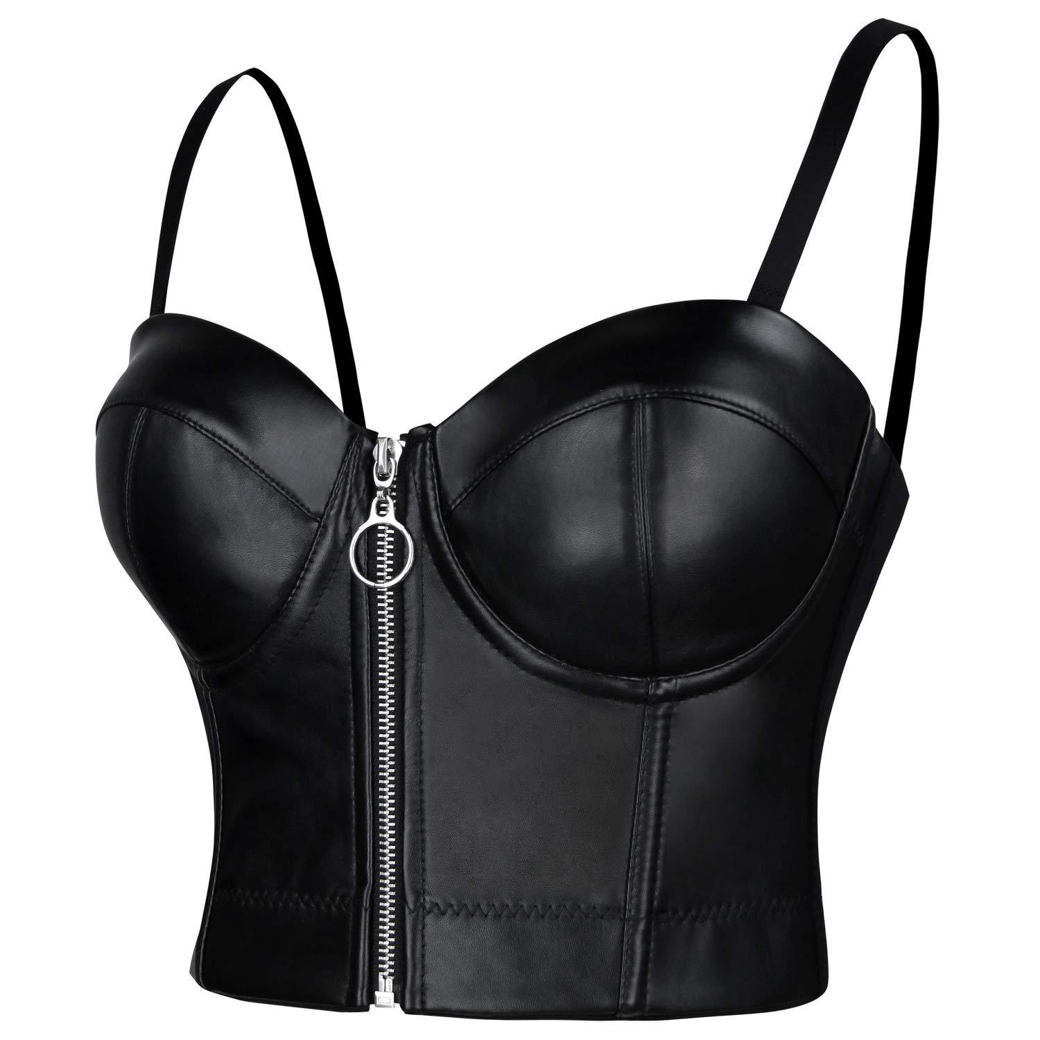 Charmian Women's Spaghetti Straps Gothic PU Leather Corset Bustier Front Zipper Crop Top Bra Black XX-Large 1