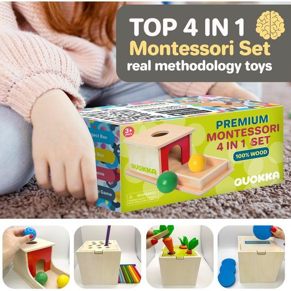 Quokka Montessori Toys For 1 2 Year Old Boy & Girls - 4 SET Wooden Baby Toy 6-12 Months Object Permanence | Coin Box | Carrot Harvest | Color Matching Sticks | Shape Sorter | Ball Drop Learning 1