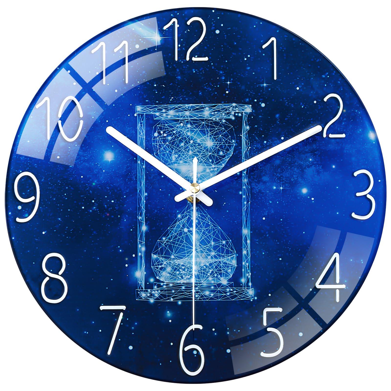 Warmiehomy Modern Glass Wall Clock 12 Inch Kitchen Wall Clocks Time Hourglass Pattern Decorative Wall Clocks for Living Room Battery Operated Silent Small Frameless Wall Clock for Bedroom Home Decor