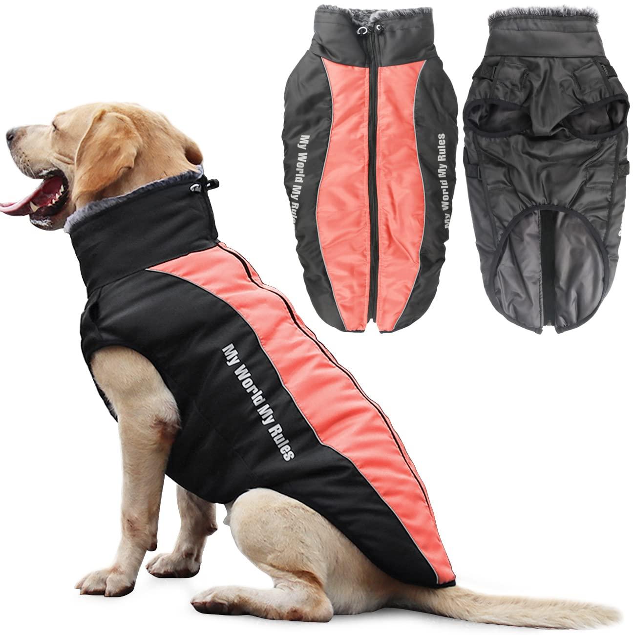 Idepet Dog Coat Warm Jacket, Reflective Pet Snowsuit Outdoor Sport Waterproof Dog Clothes Outfit Vest for Medium Large Dogs with Harness Hole