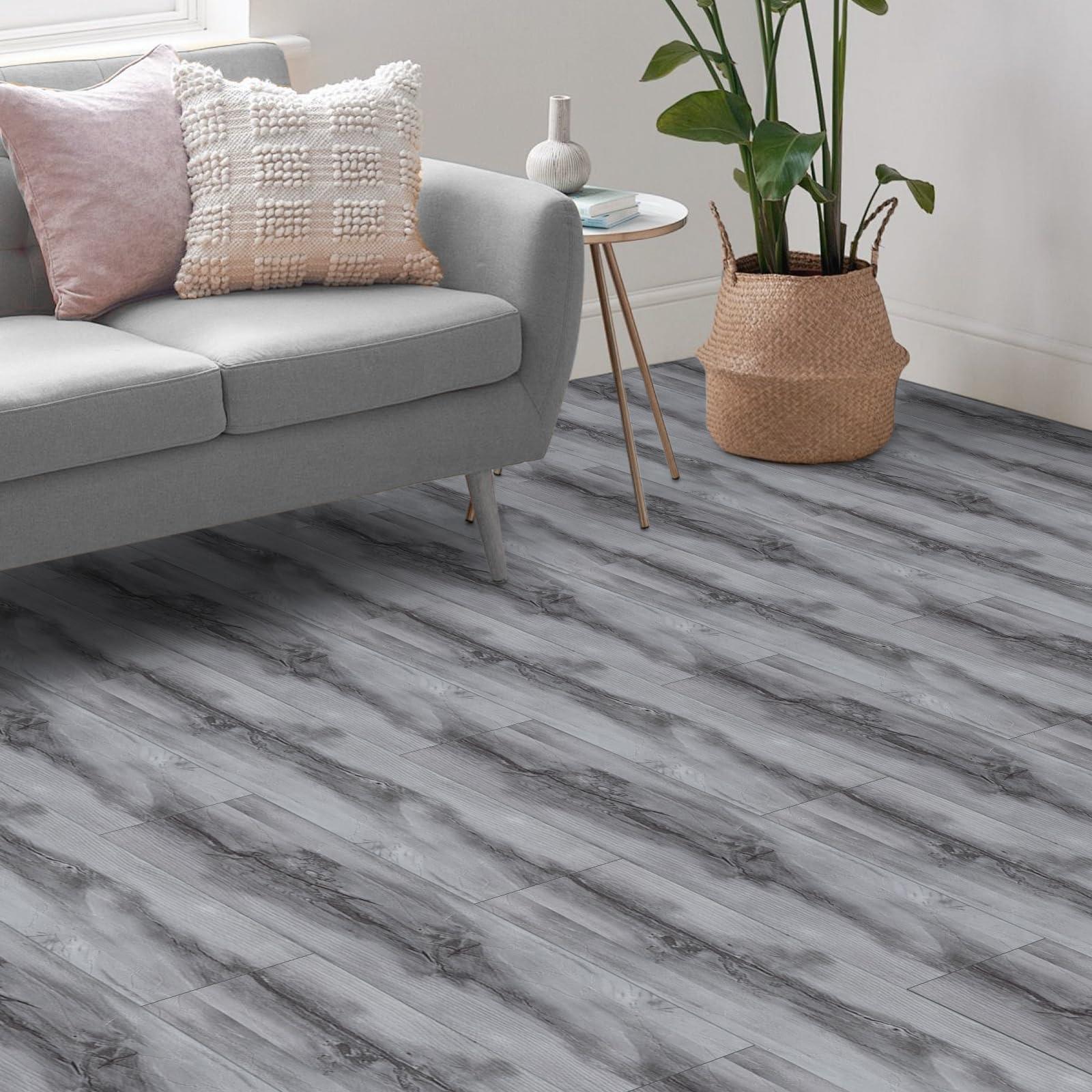 Elffloor Self Adhesive Floor Planks, Peel and Stick Floor Tiles, Vinyl Floor Tiles for Bathroom Kitchen Living Room Bedroom PVC Waterproof Woodgrain Grey Effect 90×15cm 16pcs 1