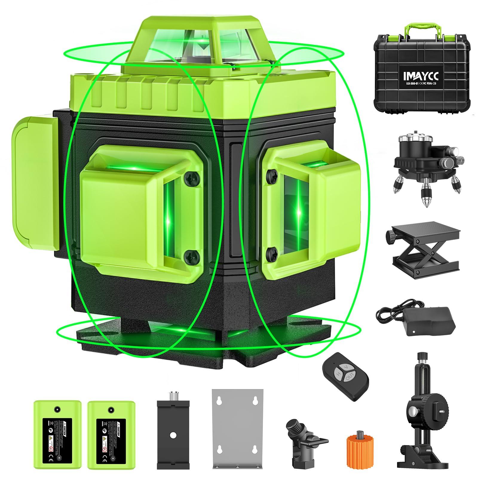 IMAYCC Laser Level Green Self Leveling 16 Lines 4x360°Adjustable Brightness Horizontal & Vertical Cross Line with Manual and Pulse Mode for Indoor Outdoor, 2xBattery,Remote Control,Charger and so on