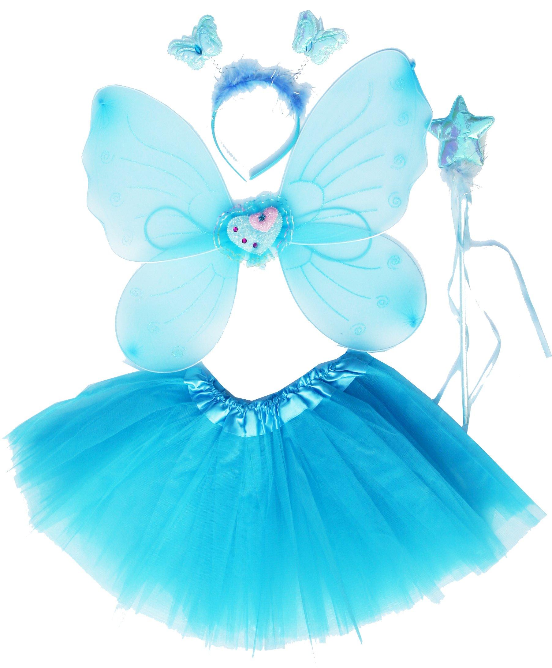 Fun Play fairy costume for girls - butterfly wings children tutu magic wand and hairband - butterfly disguises - angel wings for girls 3-8 years old - color aqua blue