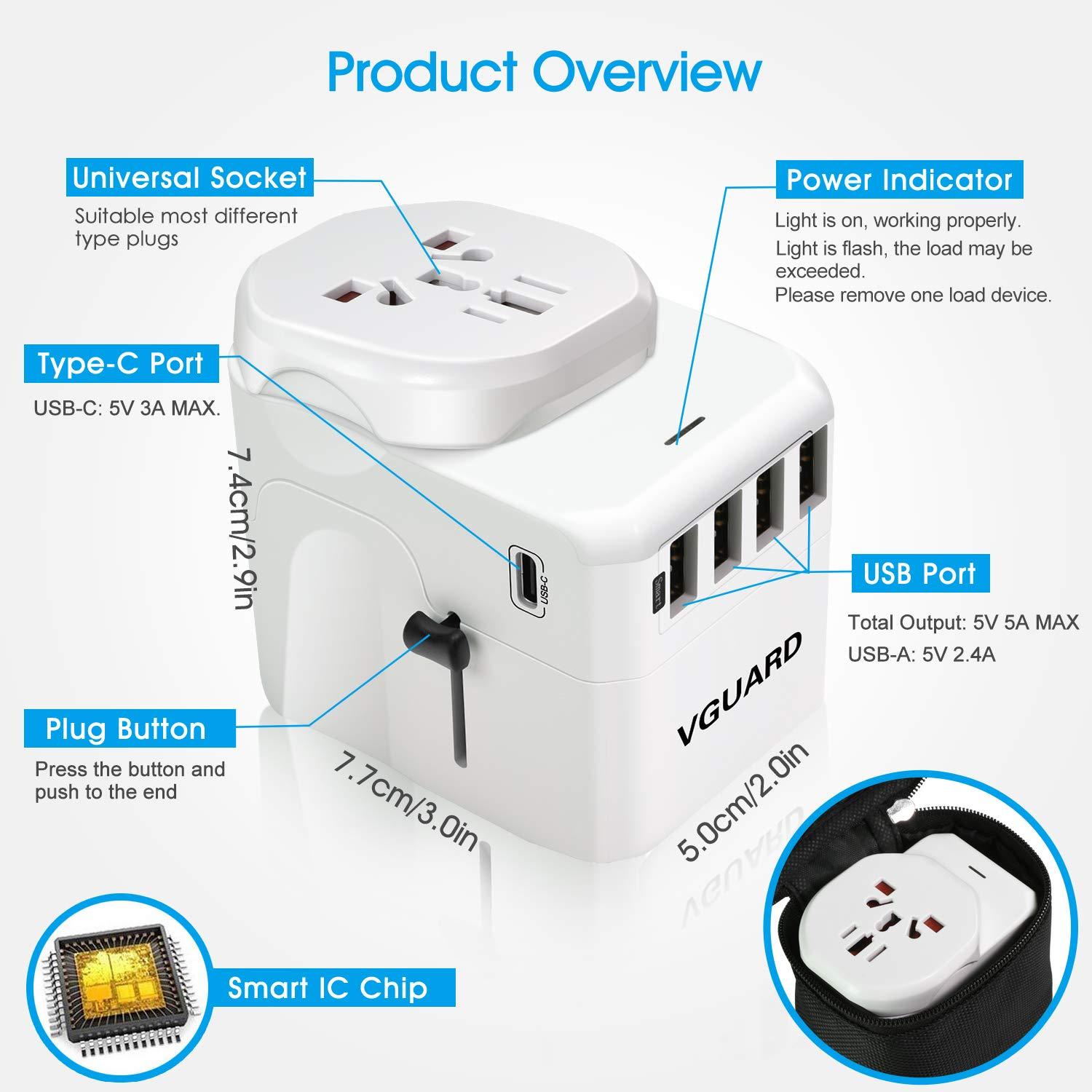 VGUARD Travel Adapter, Type C+4 USB Ports International Universal Power Plug Adaptor with Detachable Europe(Schuko) Plug for USA EU UK AUS Compatible with China Japan Thailand 150+ Countries - White 1