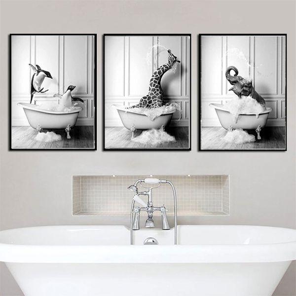 GHJKL Black White Animal Picture, Animal In The Bathtub Wall Art Prints Funny Bathroom Pictures Canvas Poster Home Decor - Without Frame (40 x 60 cm x 4 Pieces, Cute Animals)… 3
