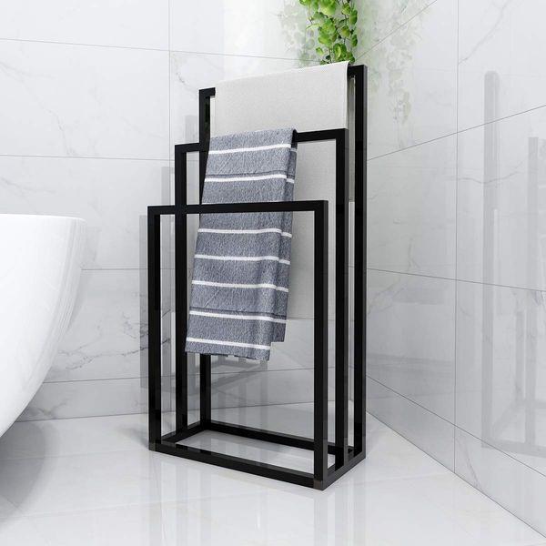 Metal Towel Bathroom Rack 3 Bars Freestanding Drying Shelf 3 Tier Storage Organizer Washcloths Holder (Black) 3