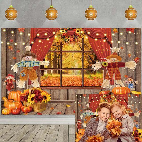 Autumn Window Backdrop for Photography 8x6FT Natural Scenery Scarecrow Harvest Pumpkins Sunflower Fall Theme Wooden Background Kids Birthday Party Decor Photo Props 0