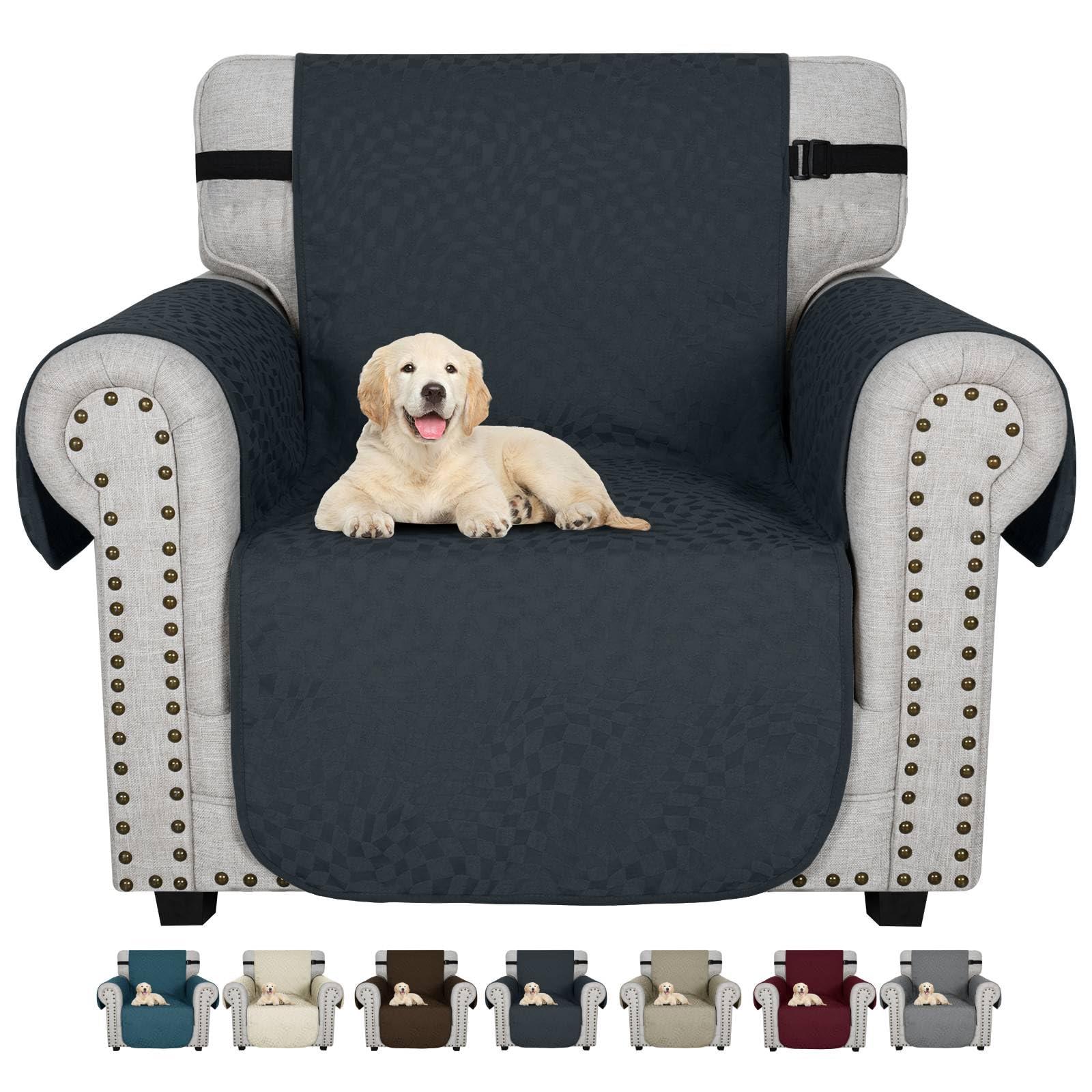 CHELZEN Latest Water Repellent Chair Covers 1 Seater Non-Slip Sofa Covers for Kids Dogs Pets Sofa Slipcover Furniture Protector with Elastic Straps (Dark Gray, 1 Seater)