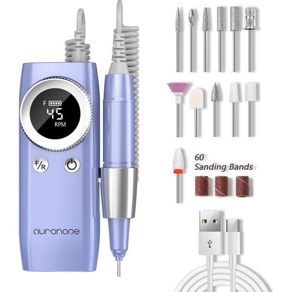Professional Electric Nail Drill Machine, Portable Nail Drill for Acrylic Gel Nails, Rechargeable 45000 RPM Manicure Pedicure Set with 12 Drill Bits for Home Nail Salon, AUROHOPE, Purple 0
