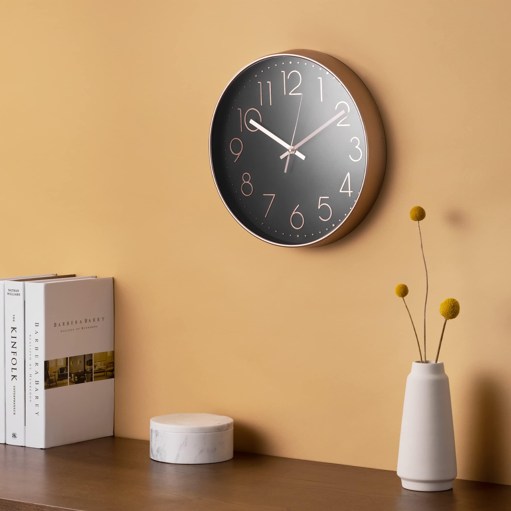 Navaris No Ticking Wall Clock - Contemporary Modern Design Silent Battery Powered Wall Mounted Clock for Kitchen Living Room - Rose Gold/Black 1