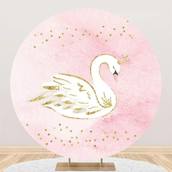 Renaiss 5x5ft Golden Glitter White Swan Round Backdrop Gold Dots Pink Round Backdrop Stand Cover Baby Shower Kids Girls Birthday Party Decoration Polyester Fabric Photography Props 3