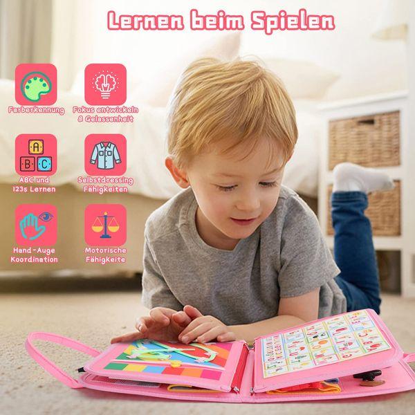 ACDAY Busy Book for 2 Year Old, Busy Board Montessori Sensory Toys for 1 3 4 Year Old, 4-Layer Quiet Book Lightweight & Portable Activity Board(Pink) 1