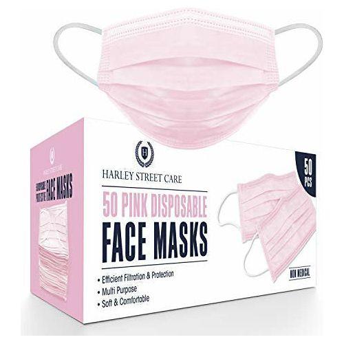 Harley Street Care Disposable Pink Face Masks Protective 3 Ply Breathable Triple Layer Mouth Cover with Elastic Earloops (Pack of 50) 0