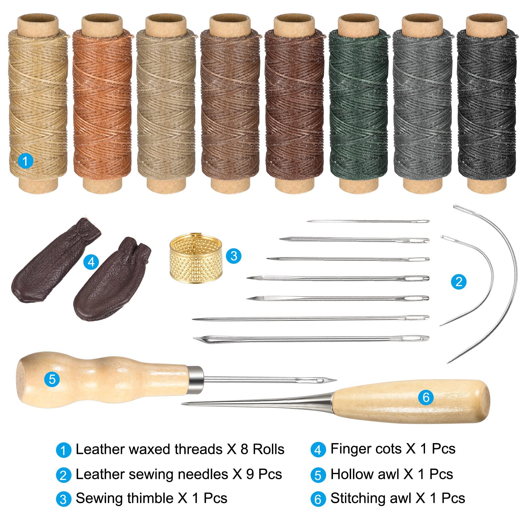 sourcing map Leather Sewing Threads Hand Stitching Tools Kit, Includes 8 Colors Waxed Flat Cord, Sewing Needles, Stitching Awls, Thimble 1