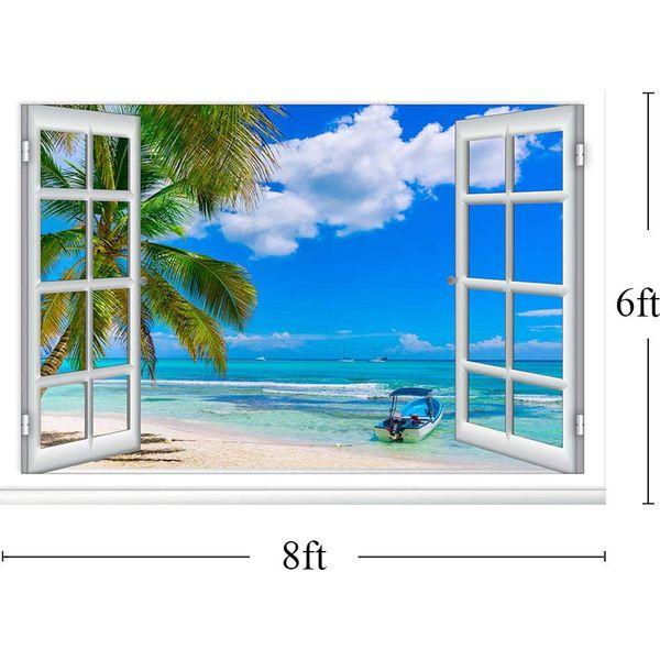 MEHOFOND 8x6ft Summer Beach Window Background Seascape Beach Palm Tree Hawaii Tropical Beach Photography Background Home Wallpaper Decoration Studio Props 2