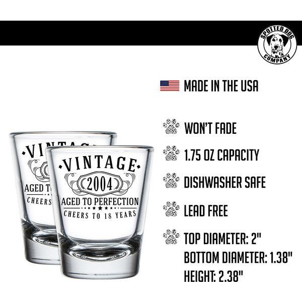 2pk Vintage 2004 Printed 2oz Shot Glasses - 18th Birthday Aged to Perfection - 18 Years Old Gifts 1