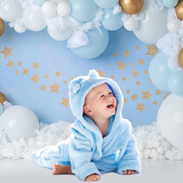MEHOFOND 10x7ft Blue Boy Birthday Backdrops for Photography White Clouds Gold Balloons and Stars Kids Party Banner Background Cake Smash Table Decoration Portrait Photo Studio Props Gift Supplies 3