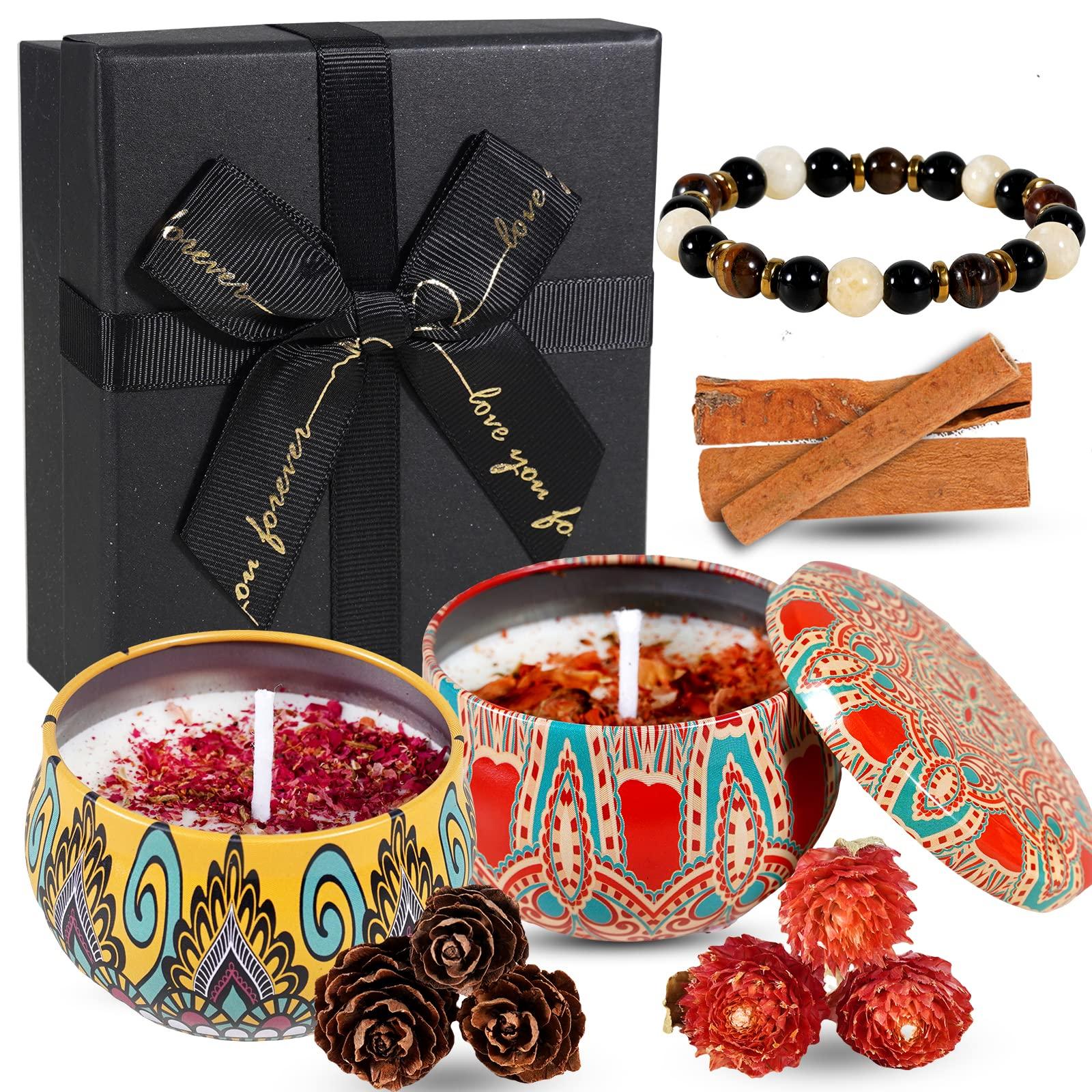 Soulnioi Scented Candle Gift Set: 2pc Soy Wax Tin Candle (Orange Blossom+Jasmine) with DIY Kit(Cinnamon,Pine Cone,Dried Flowers), 1pc Citrine Beaded Yoga Bracelet, Gift for Home Fragrance Aromatherapy 0