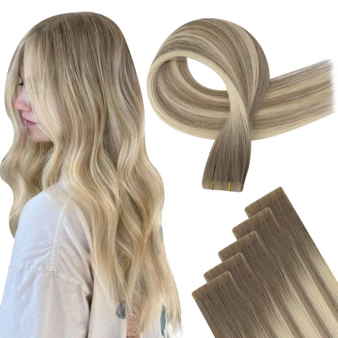 Easyouth Tape in Human Hair Extensions Virgin Hair Brown to Bleach Blonde Ombre Tape in Extensions 22 Inch 12.5g 5Pcs Inject Tape in Hair Extensions