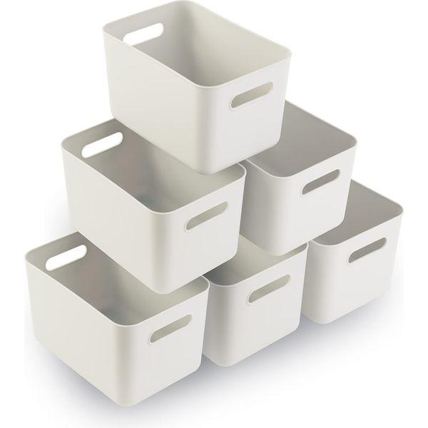 Laffair® Plastic Storage Boxes - Set of 6 Plastic Baskets for Bathroom, Kitchen and Office Storage - Sleek Modern Design Box for Home Storage and Organisation (Ivory - 6 Pack)