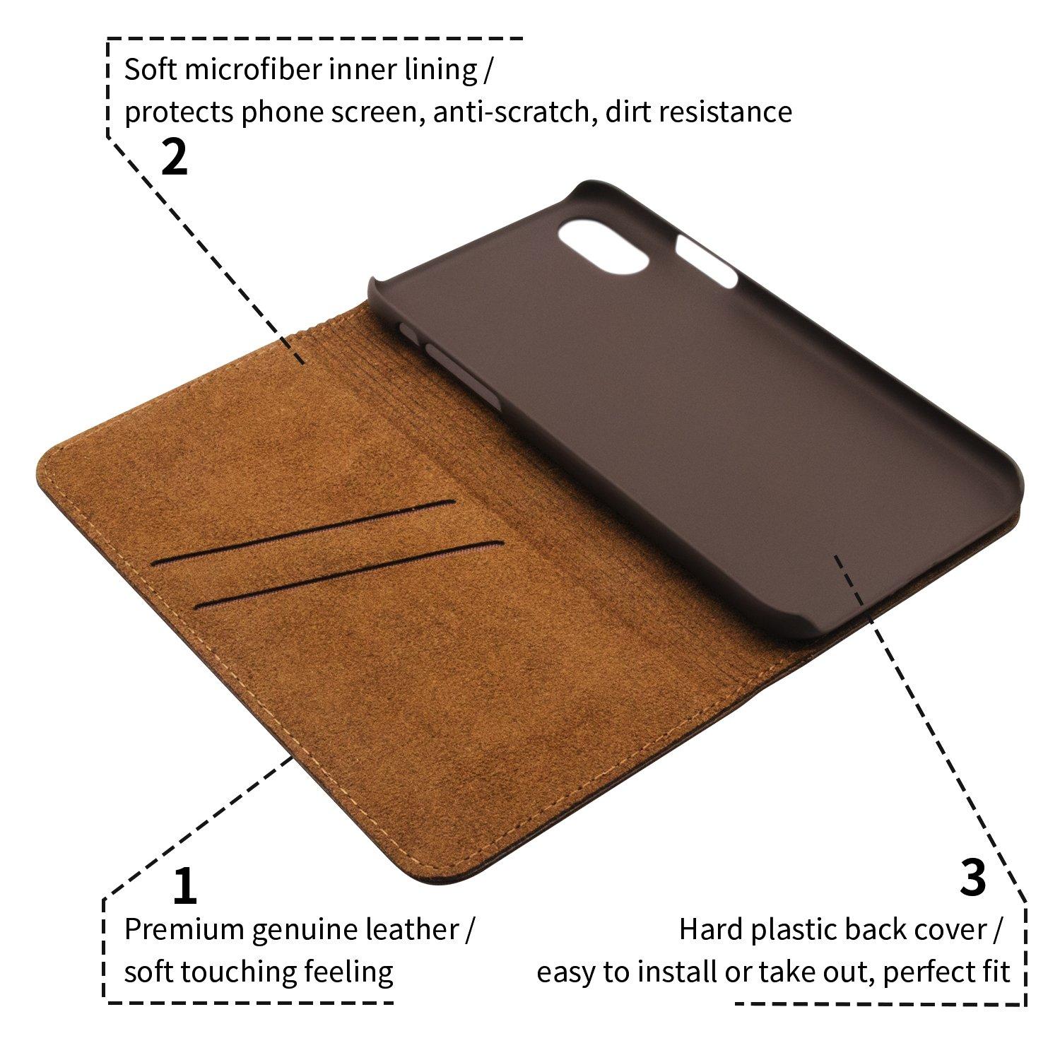 iBazal iPhone XS Case Leather, iPhone X Case Genuine Leather Case Ultra Soft Flip Cover Protective Stand Case with 2 Card Slots Compatible iPhone XS 5.8'' 2018/iPhone 10 5.8'' 2017 - Brown 2