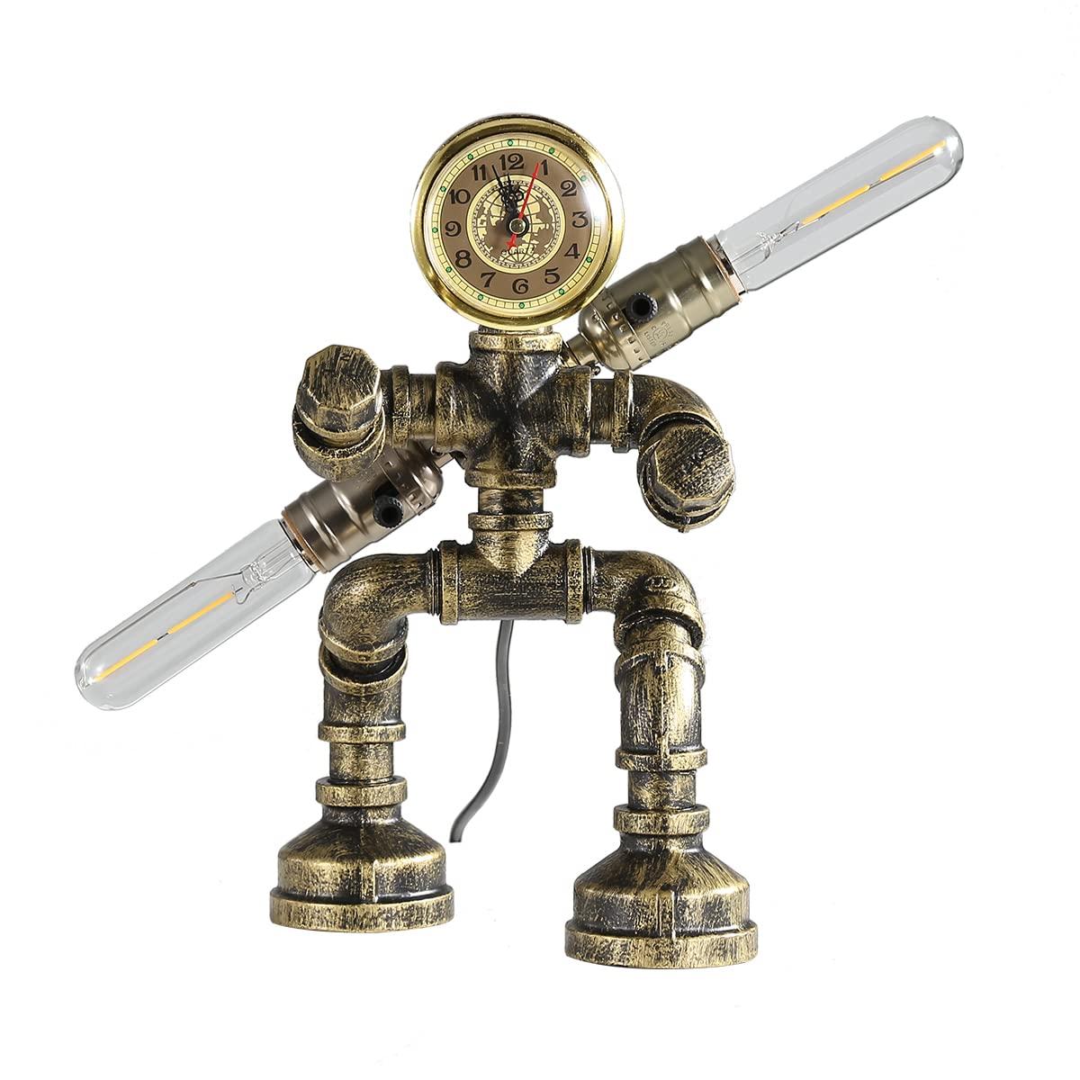 Kaj Hejmo Water Pipe Table Lamp Robot Style- Retro Industrial Steampunk Rustic Table Light- Vintage Farmhouse Desk Lamp for Bedroom,Office, Bedside, Nightstand, Baror or Shop (Bronze-Style F)