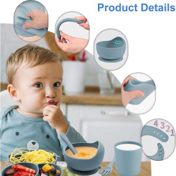 Domueay Baby Feeding Set, 6 Pcs Silicone Baby Weaning Set with Suction Bowl Elephant Divided Plate Spoon Fork Adjustable Bibs and Drinking Cup, Sturdy, BPA Free for Toddler Kid, Blue 1