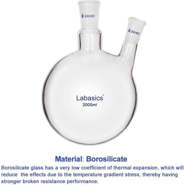 Labasics Glass 2000ml 2 Neck Round Bottom Flask RBF, with 24/40 Center and Side Standard Taper Outer Joint (2000ml) 2