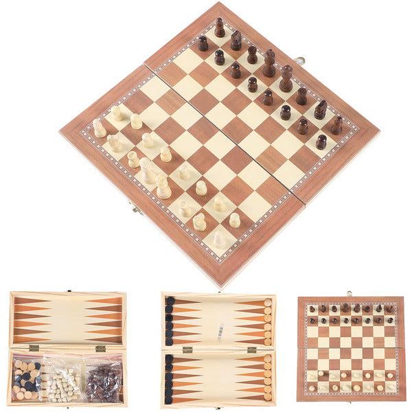 Homemari Wooden Chess Set, 3 in 1 Travel Chess Set and Draughts Board Game, Large Size Chess Checkers Game Set for Children, Adults 0