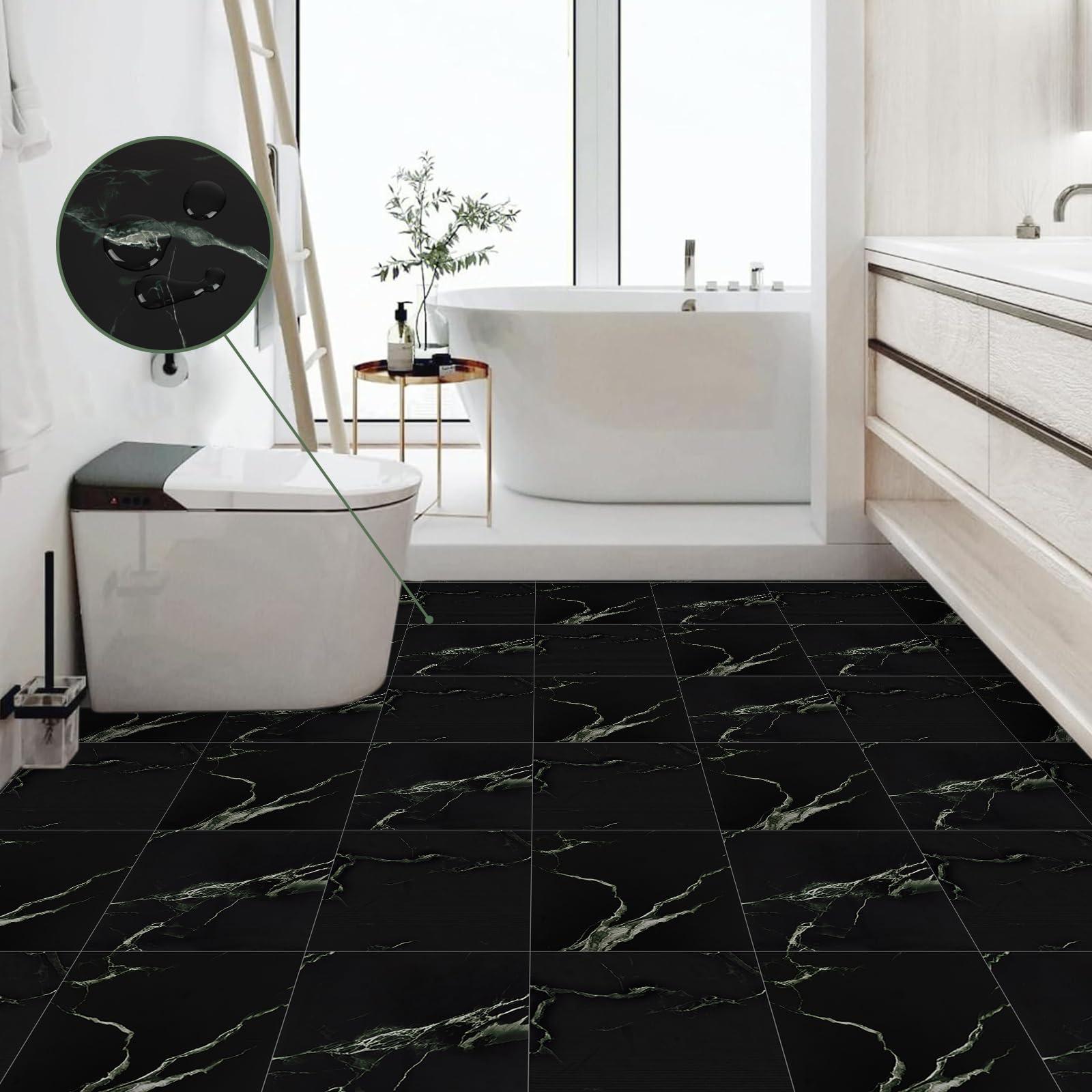 Elffloor Floor Tiles Self Adhesive Vinyl Flooring, Peel and Stick Floor Tiles, Bathroom Waterproof Vinyl Floor Tiles Stick on Kitchen Living Room Marble Effect Black 30x30cm 10pcs 1mm 4